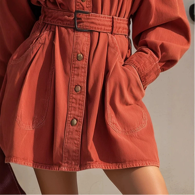 Retro American Button-Tie Denim Dress with Collar
