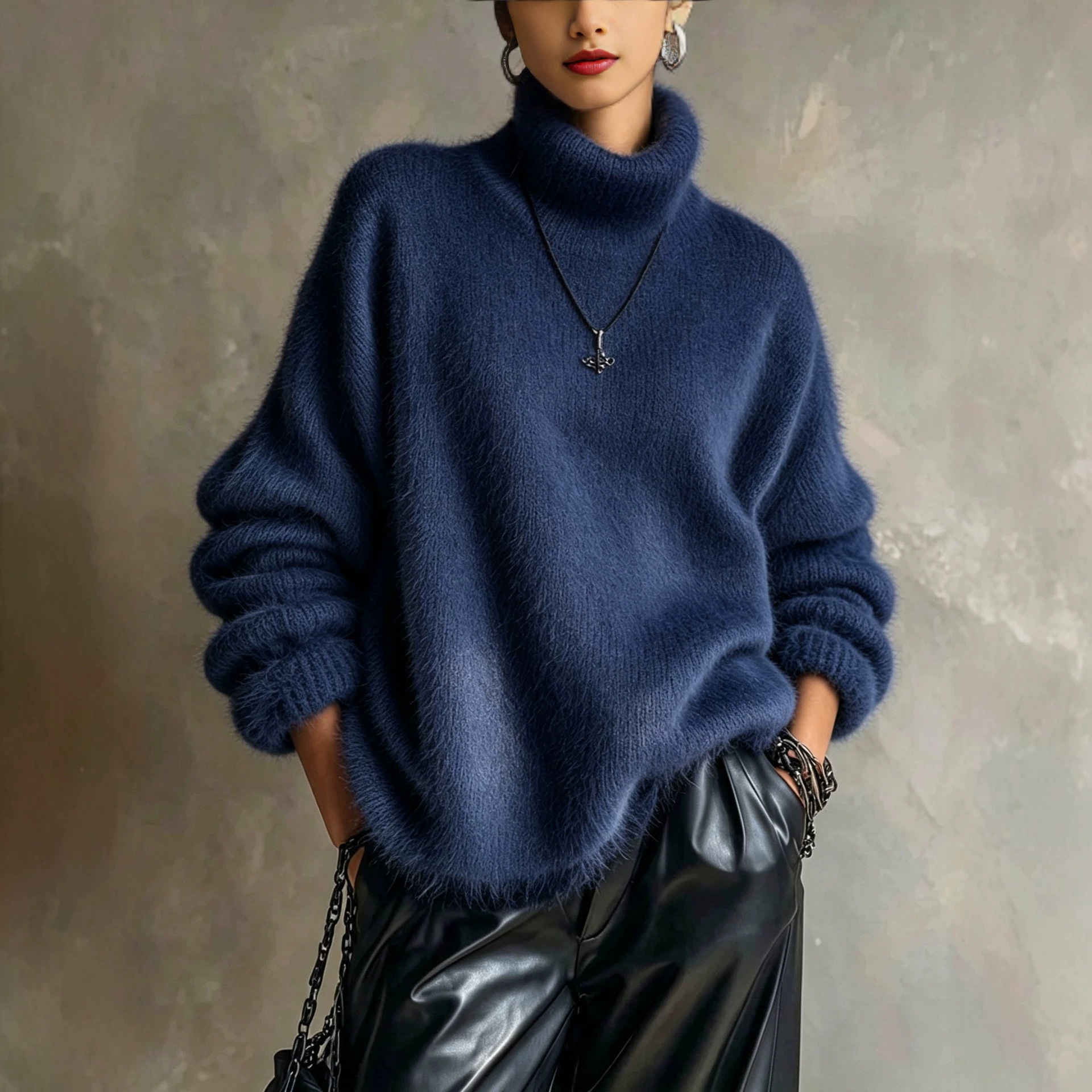 Women's Oversized Fuzzy High-Neck Knit Sweater