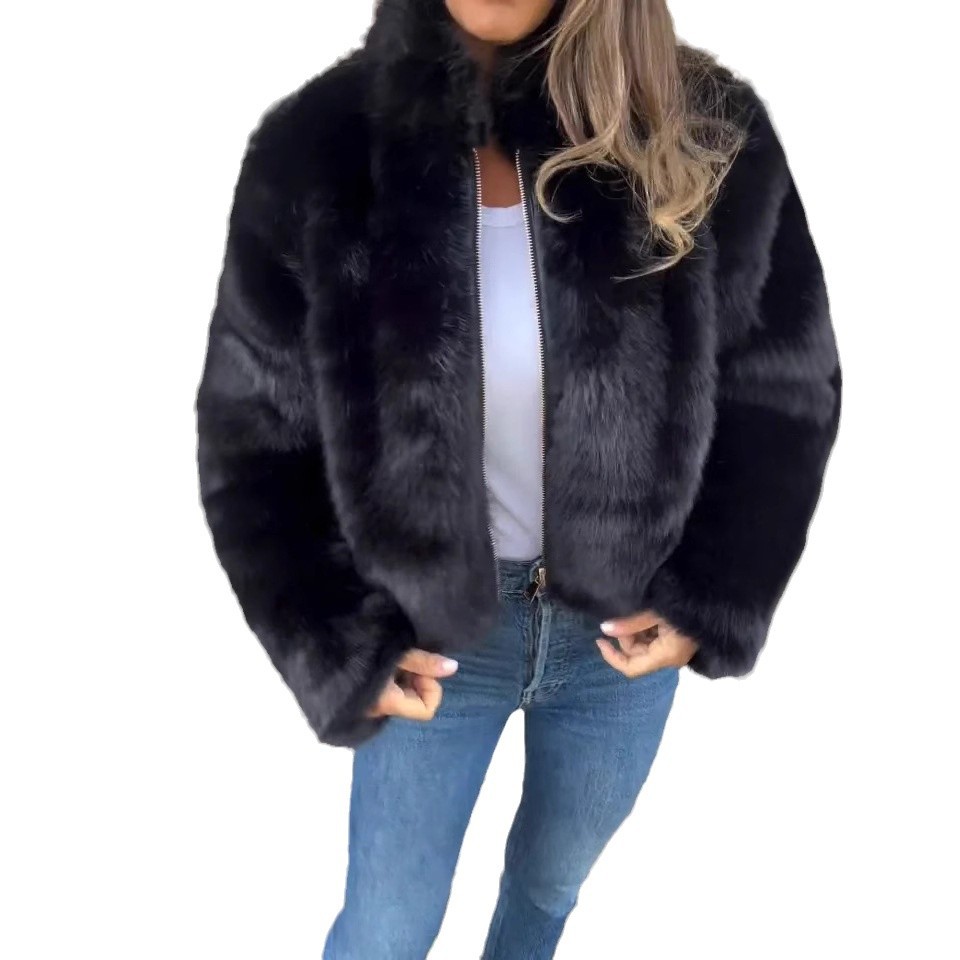 Women's Faux Fur High Neck Zip-Up Casual Jacket