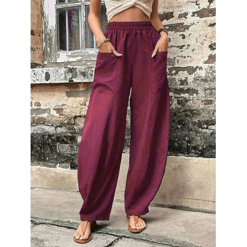 Women's Solid Color Casual Pants with Pockets Elastic Waist Long Trousers