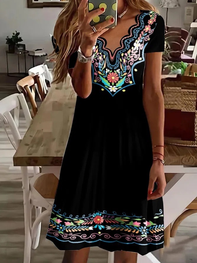 Women's Wave V-Neck Floral Print Short Sleeve Casual Dress