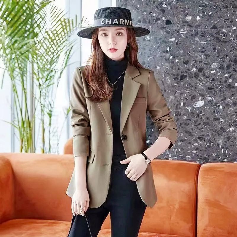 Women's Tweed-Style Blazer, Coffee Brown, Loose Fit, Single-Breasted