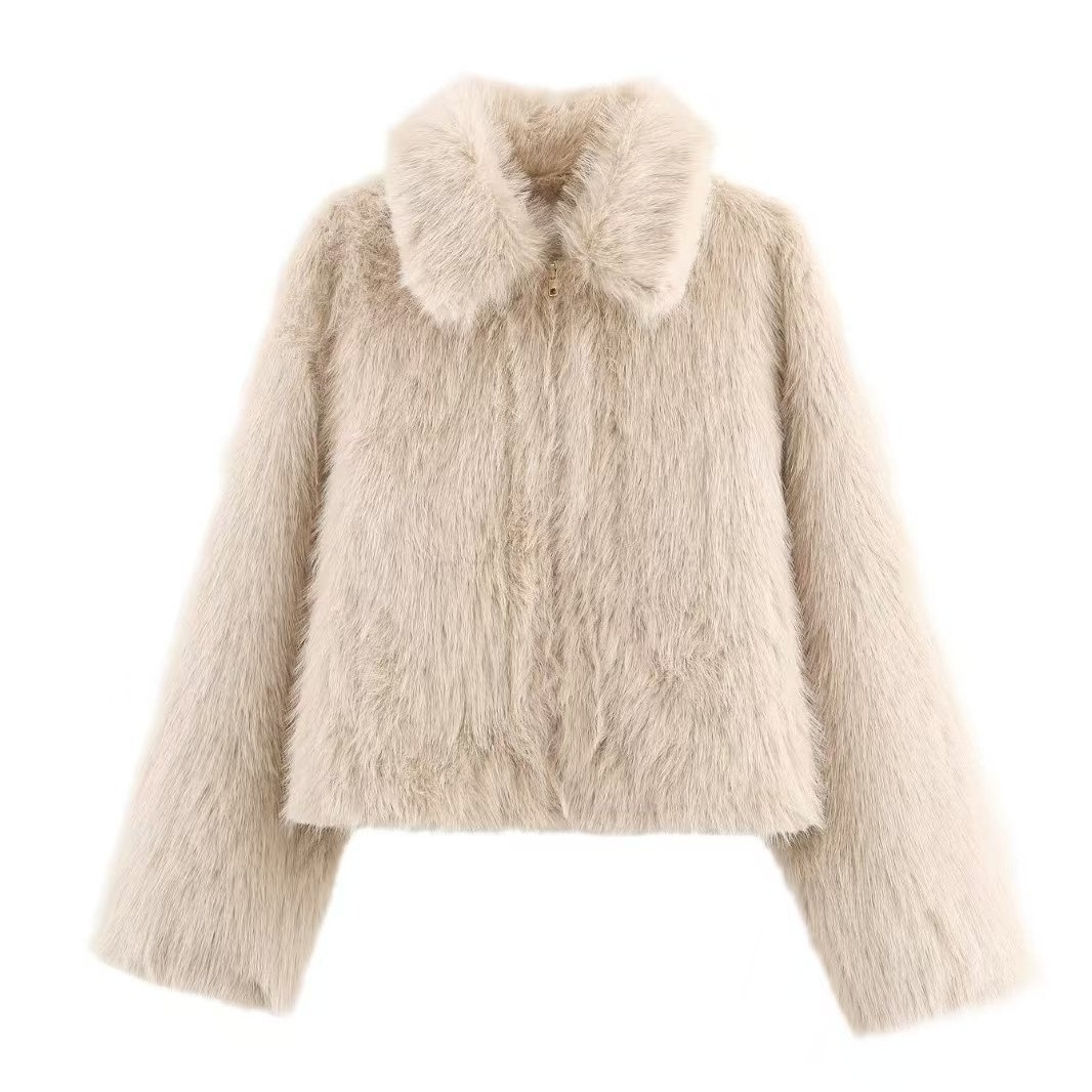 Women's Faux Fur Coat with Fur Collar Zip-Up Casual Winter Jacket