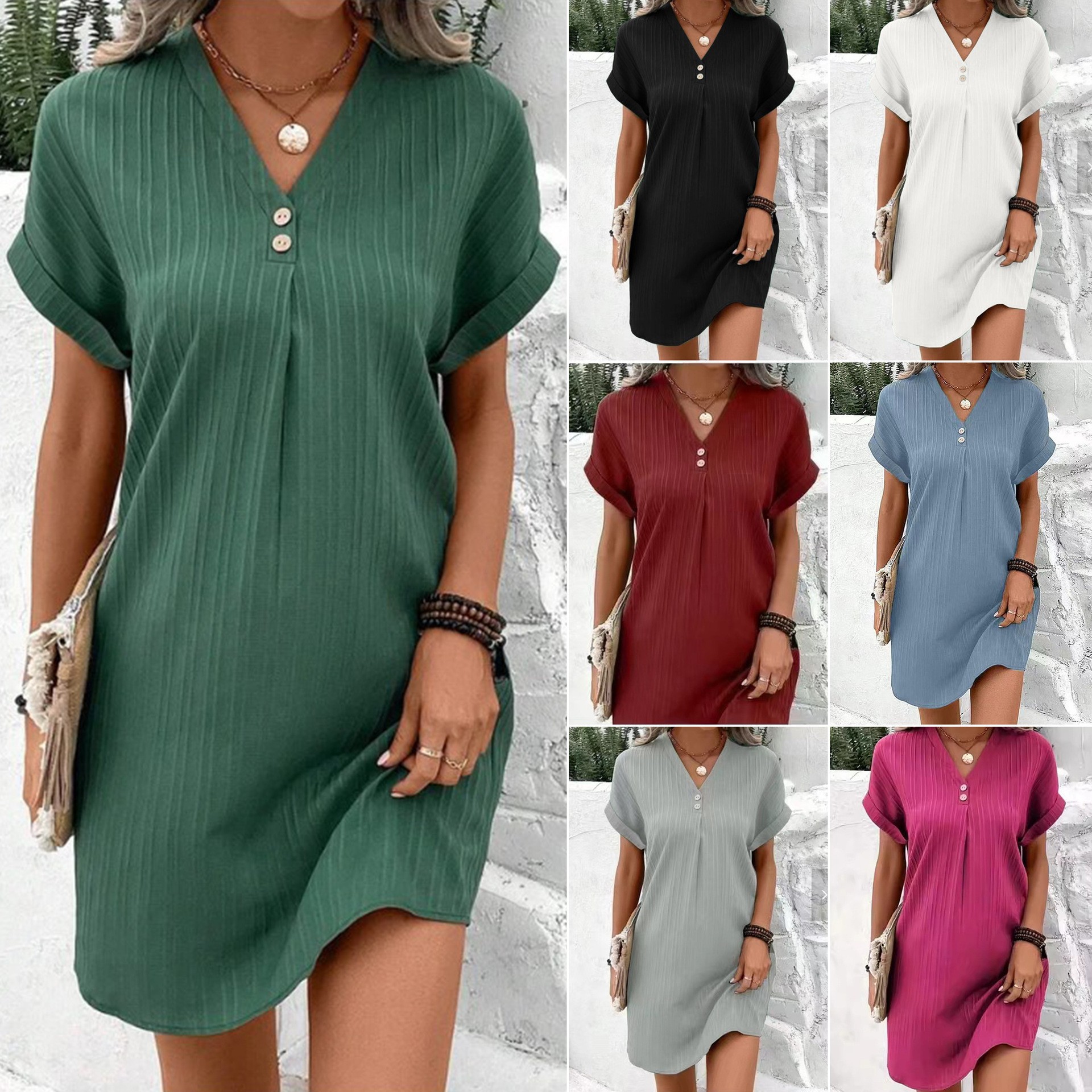 V-Neck Solid Button Pullover Casual Dress