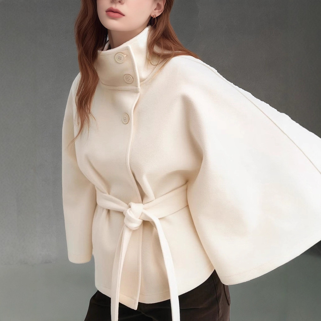 Women's Solid Color Wool-Blend Cape Coat with Stand Collar and Belt