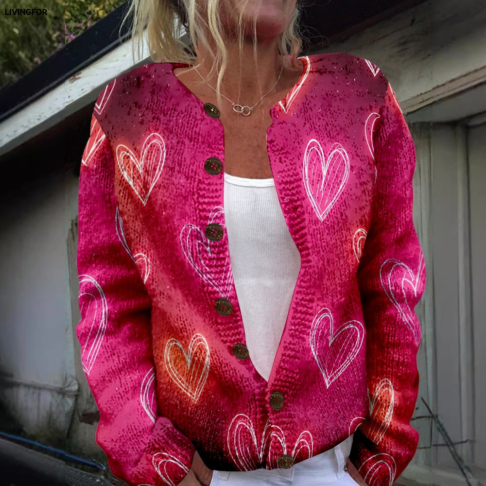 Women's Heart & Flower Print Button Cardigan Sweater