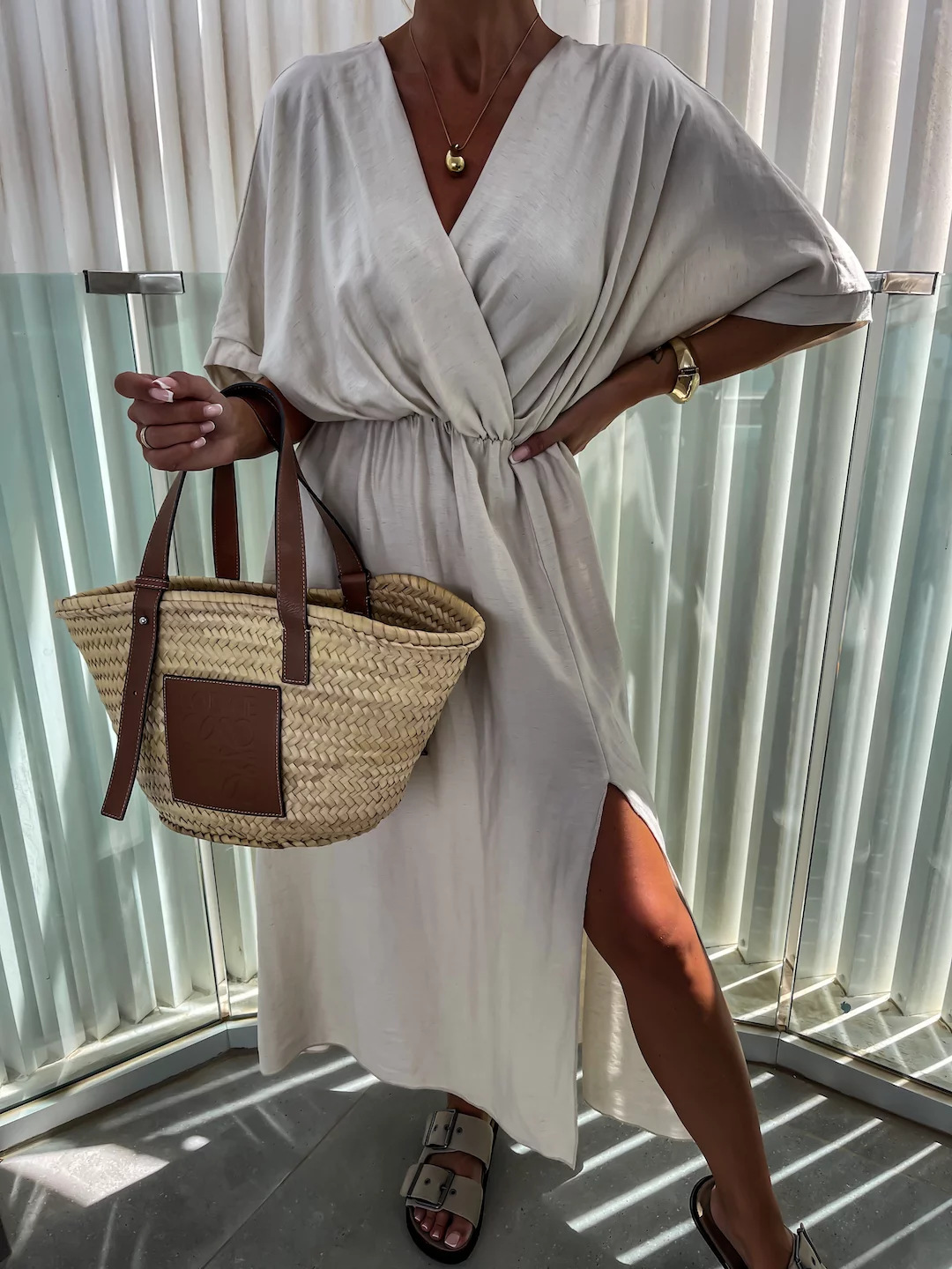 Solid V-Neck Half-Sleeve High-Waist Long Dress