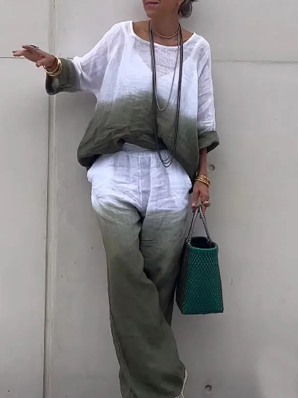 Women's Cotton-Linen Gradient Two-Piece Set with Nine-Tenths Sleeves