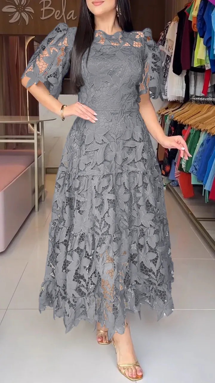 Women's Elegant Round Neck Hollow Lace Dress