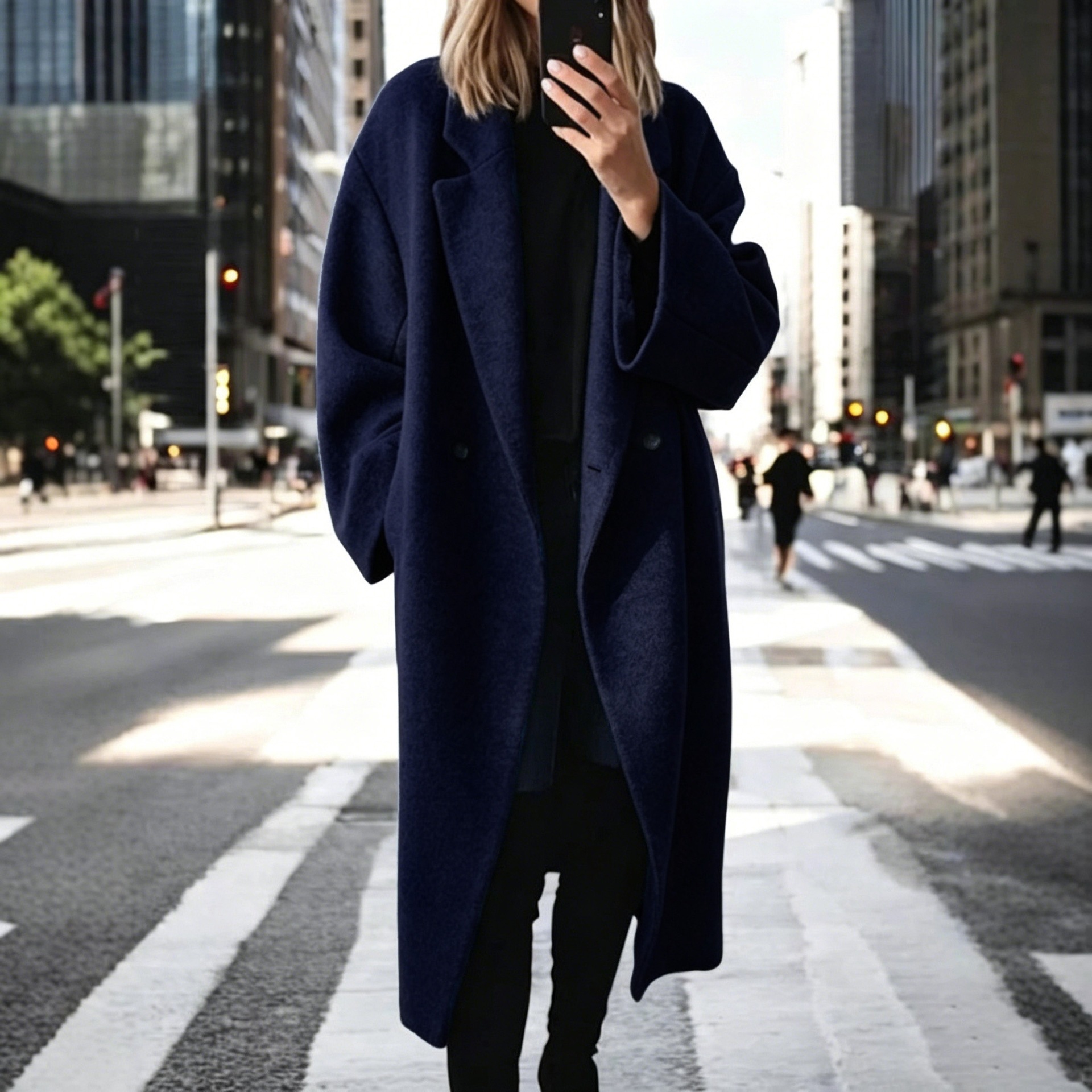 Women's Wool-Blend Long Trench Coat with Suit Collar, Loose Fit, Multi-Color