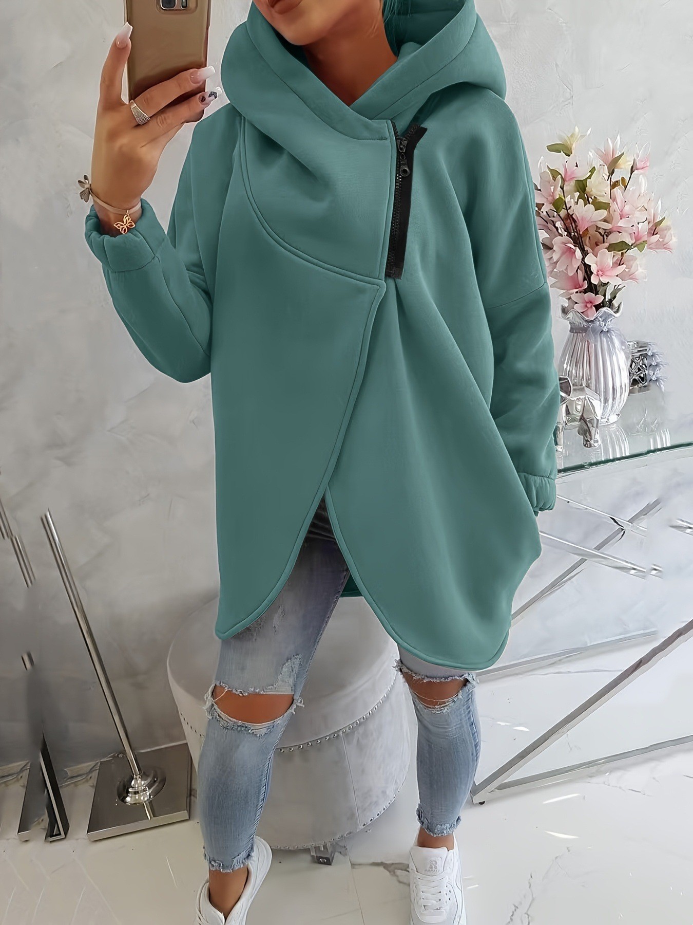 Women's Long-Sleeve Black Hooded Zip-Up Jacket with Front Pockets