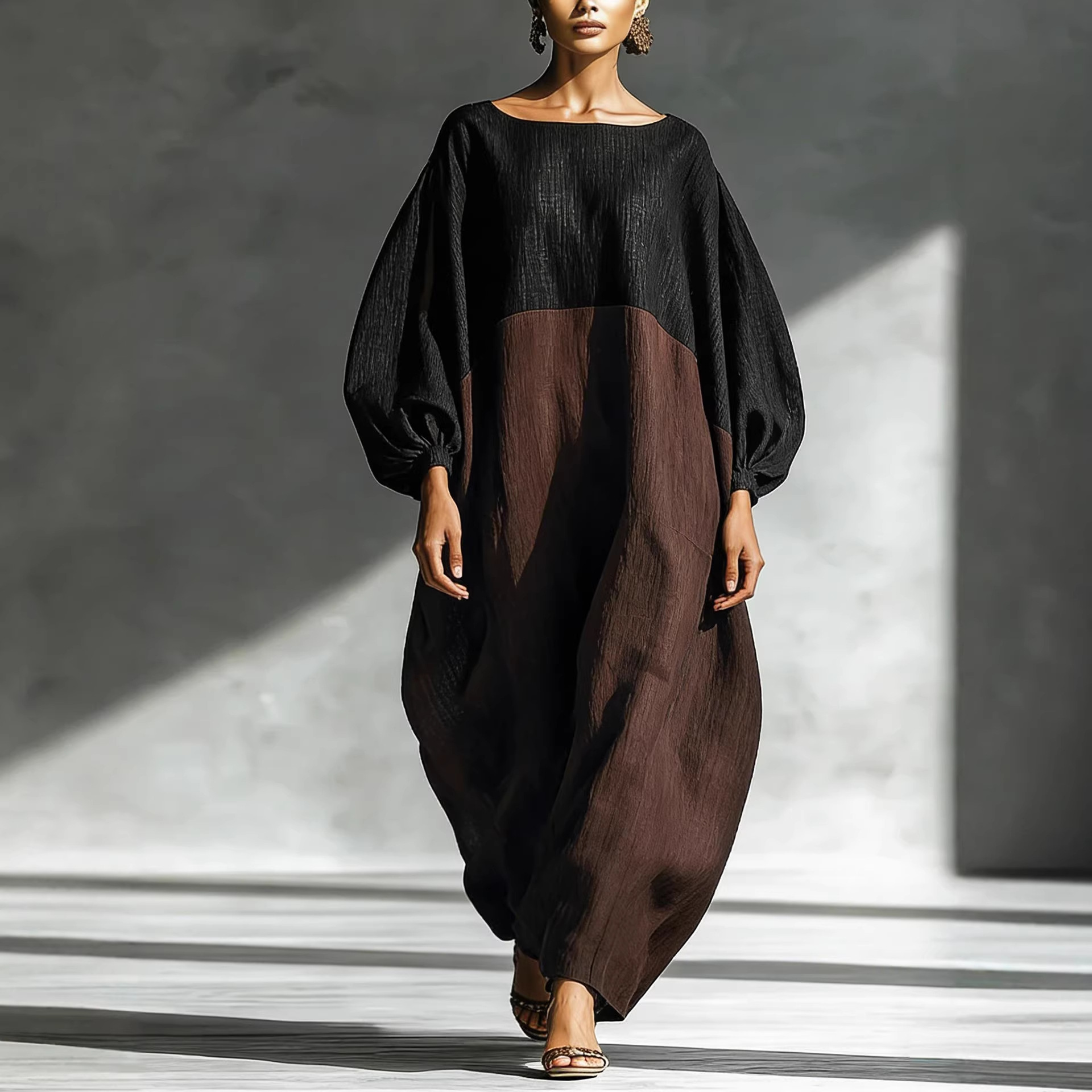 Women's Loose Long Sleeve Round Neck A-Line Midi Dress Vintage Color-Block