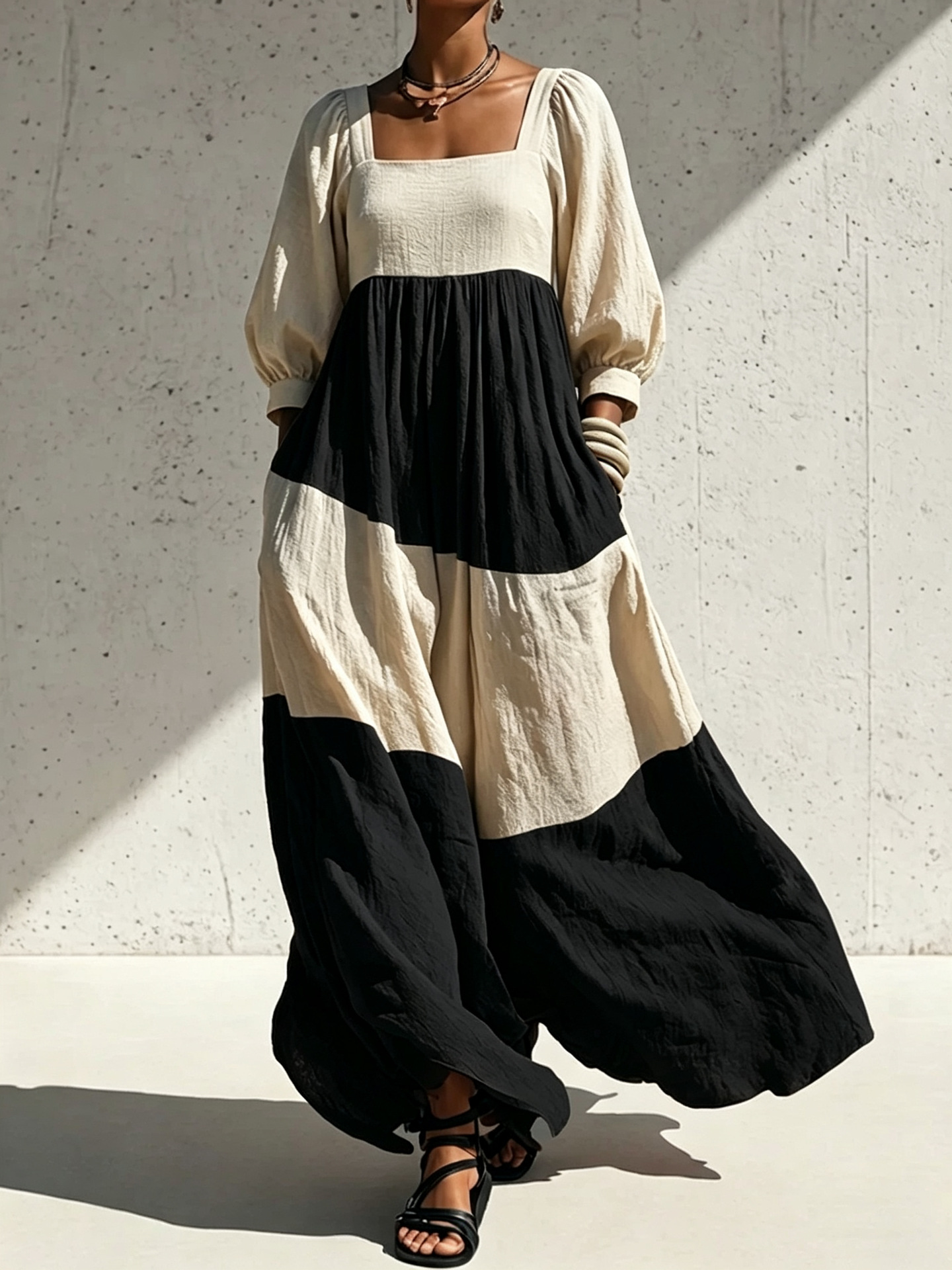 Color-Block Square-Neck Long Sleeve Cotton-Linen Dress
