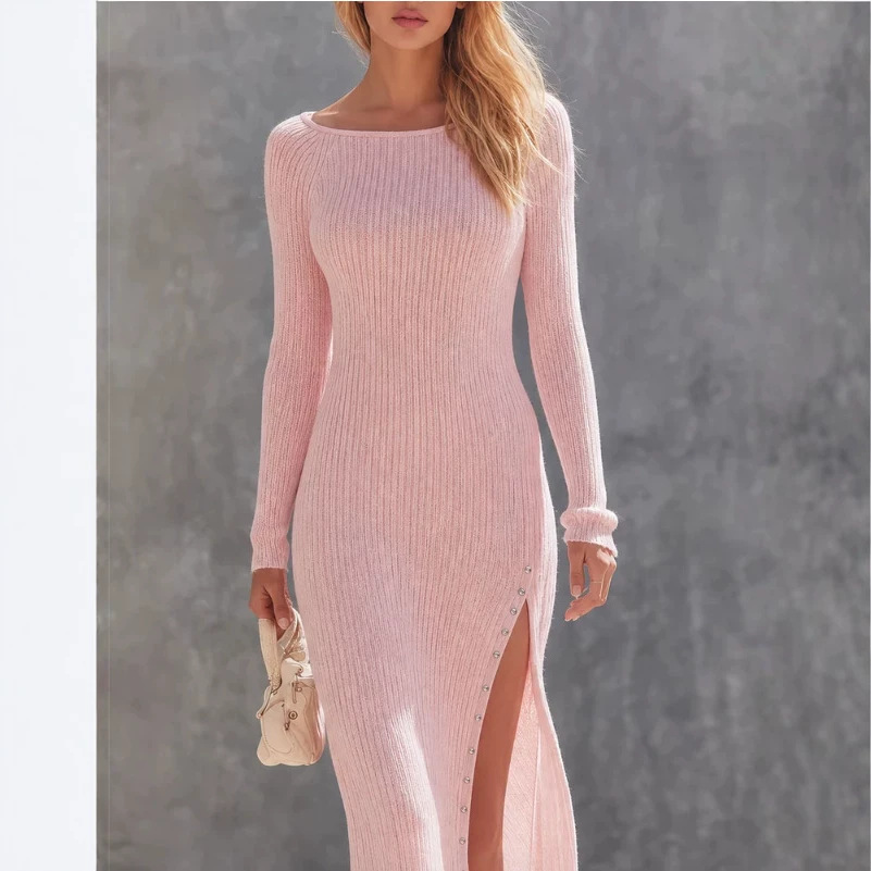 Retro Elegant Pink Boat Neck Long Sleeve Slit Long Dress