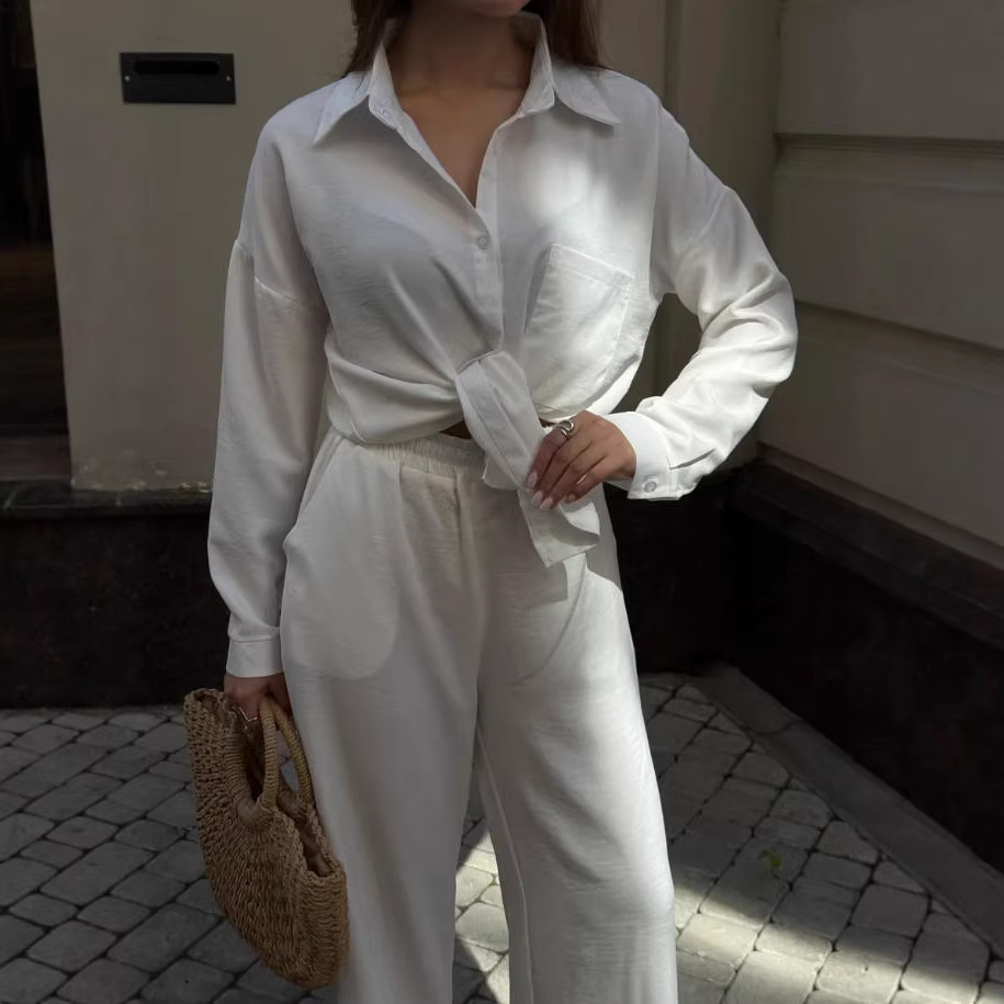Women's Loose Long-Sleeve Top & Wide-Leg Pants Two-Piece Casual Set