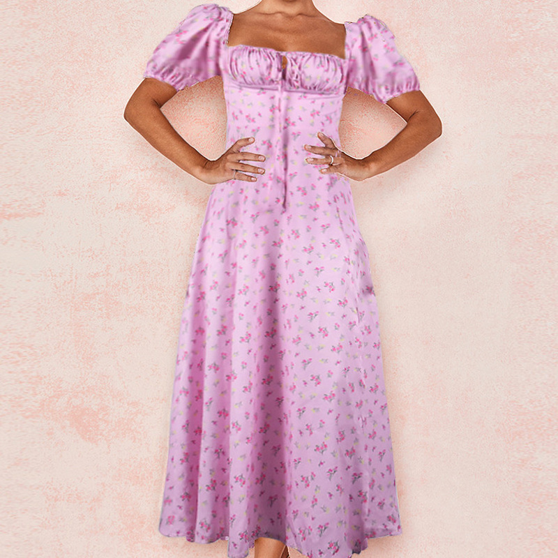 Women's Long French Floral Dress with Square Neck and Short Sleeves