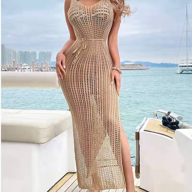 Open-Back Cutout Knit Maxi Dress with Slit and Spaghetti Straps
