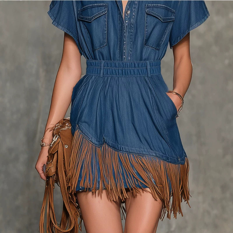 Asymmetric Hem Fringe Cinched Denim Mini Skirt