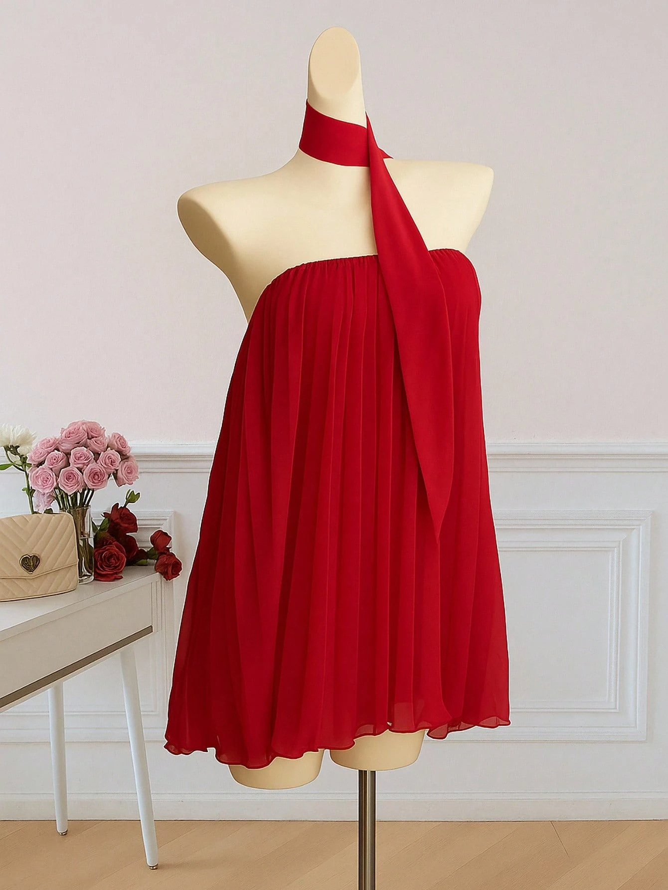 Women's Backless Chiffon Dress Halter Neck Sleeveless Bubble Hem Mini