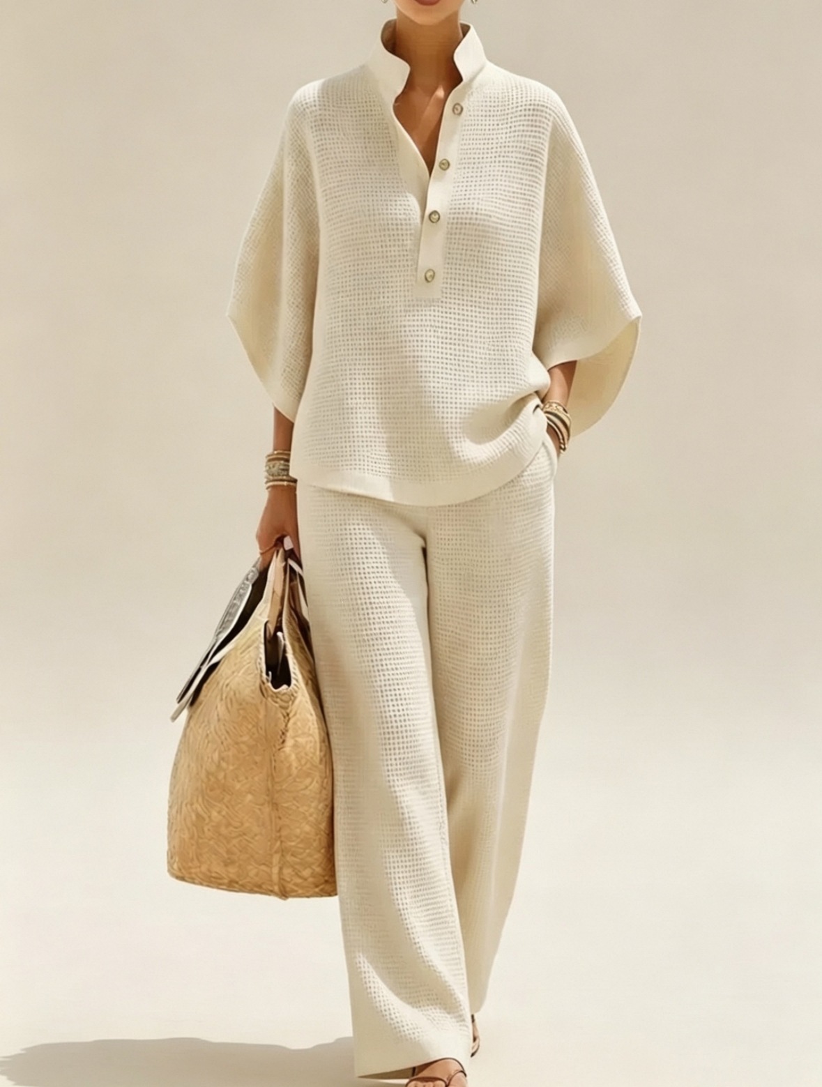 2026 New Casual Loose Stand Collar Set Breathable Waffle Wide-Leg Pants Two-Piece Set European American Best-Seller Women's Clothing