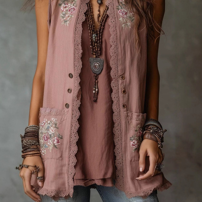Vintage Embroidered Cotton-Linen Midi Vest