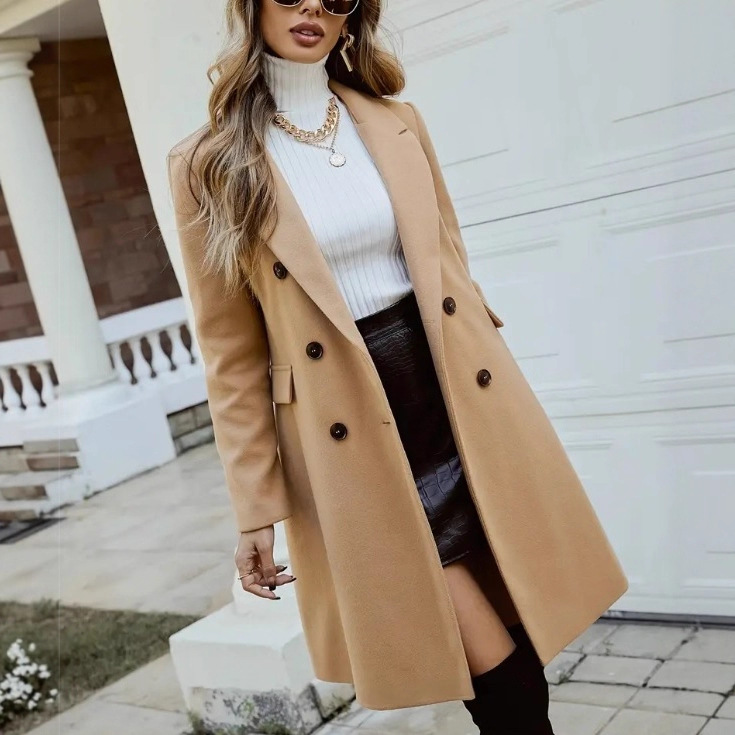 Women's Elegant Double-Breasted Wool-Blend Long Coat