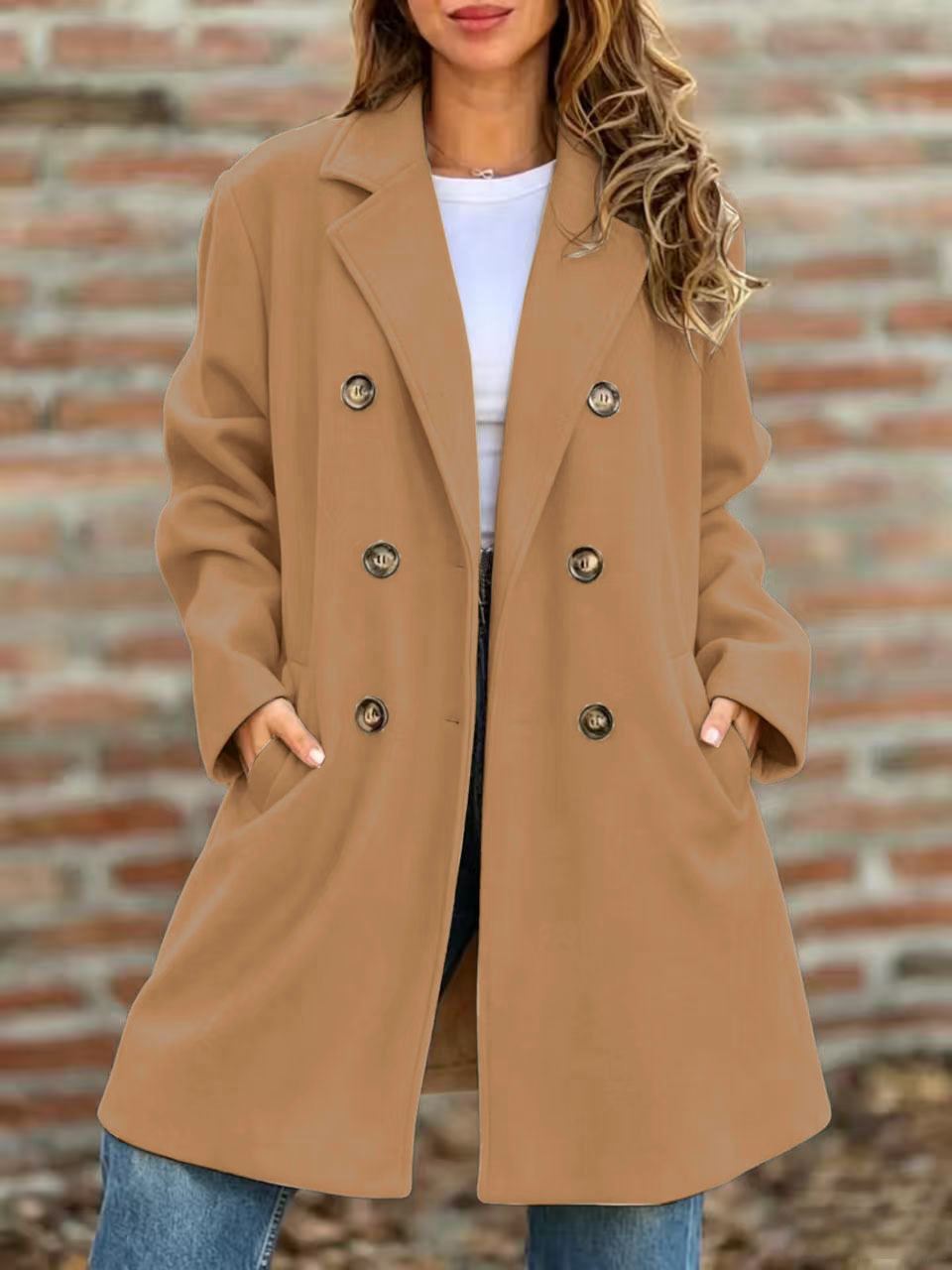 Double-Breasted Wool-Blend Coat with Lapel Collar