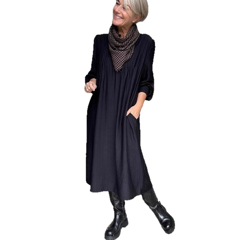 Solid Button-Neck Long-Sleeve Maxi Dress