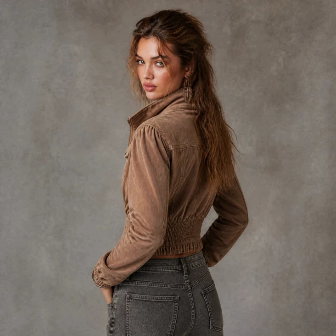 Vintage Denim Zip-Up Cropped Jacket with Stand Collar