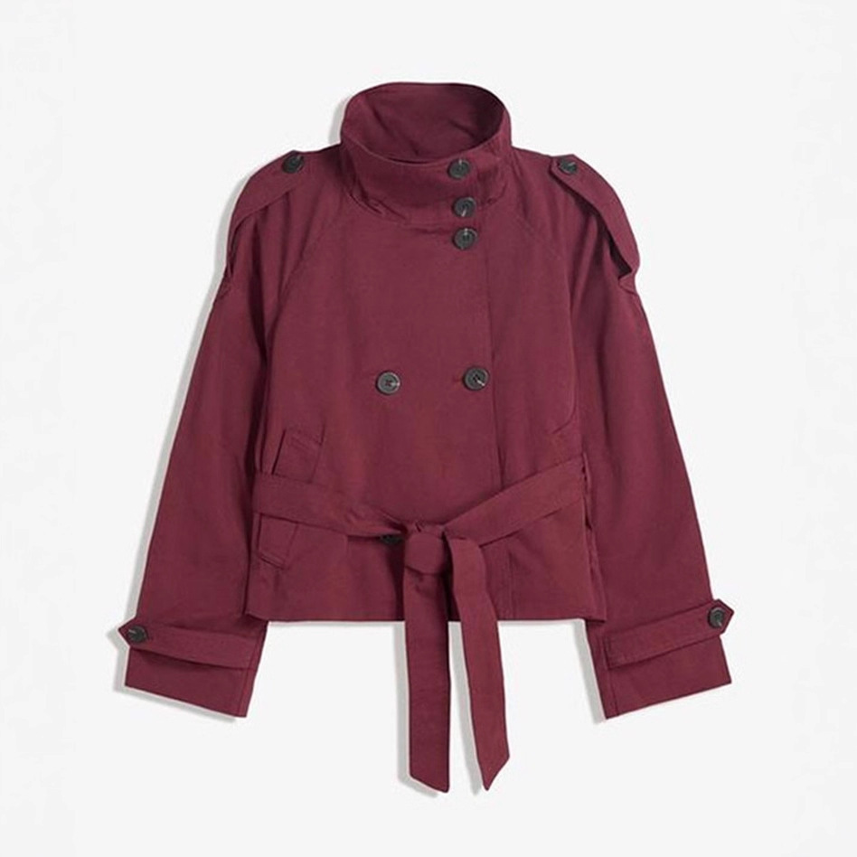 Retro Double-Breasted Belted Short Trench Coat with Lapel Collar