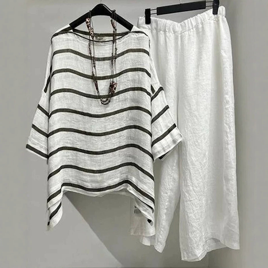 Striped Round Neck Five-Sleeve T-Shirt and Pants Set Women