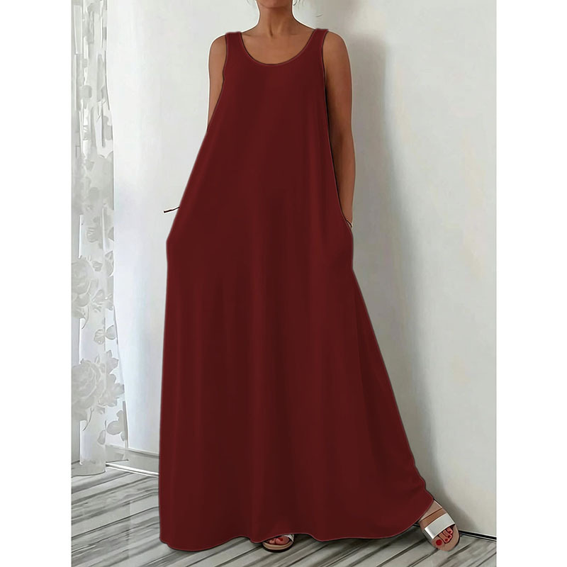 Women's Summer Sleeveless Solid Color Long Dress Casual Slim Fit