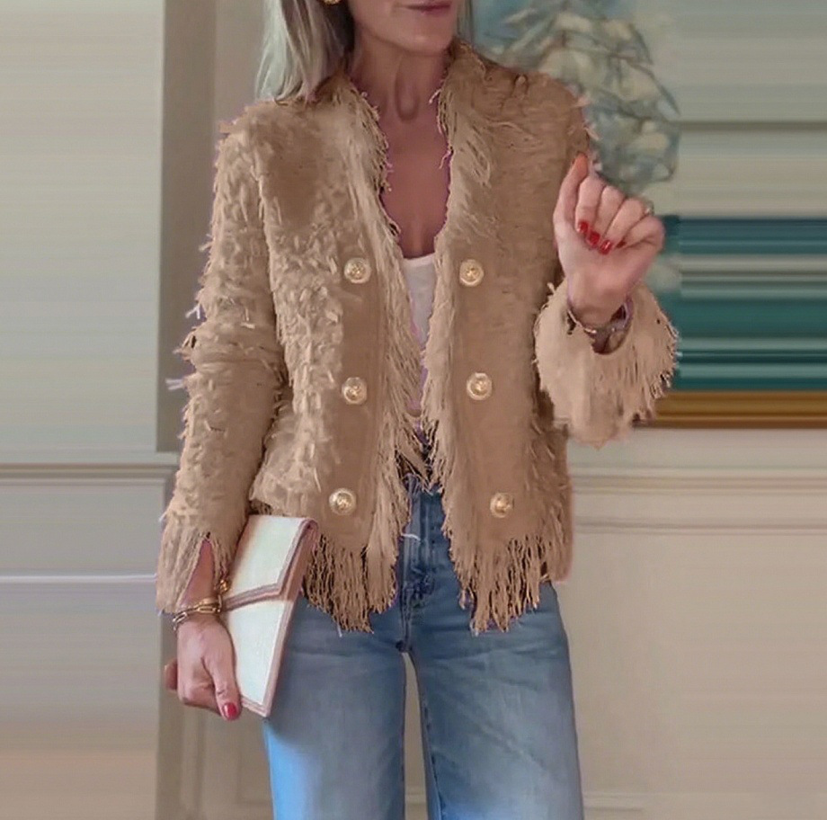 Elegant Fringe Metal Button Cardigan Jacket for Women