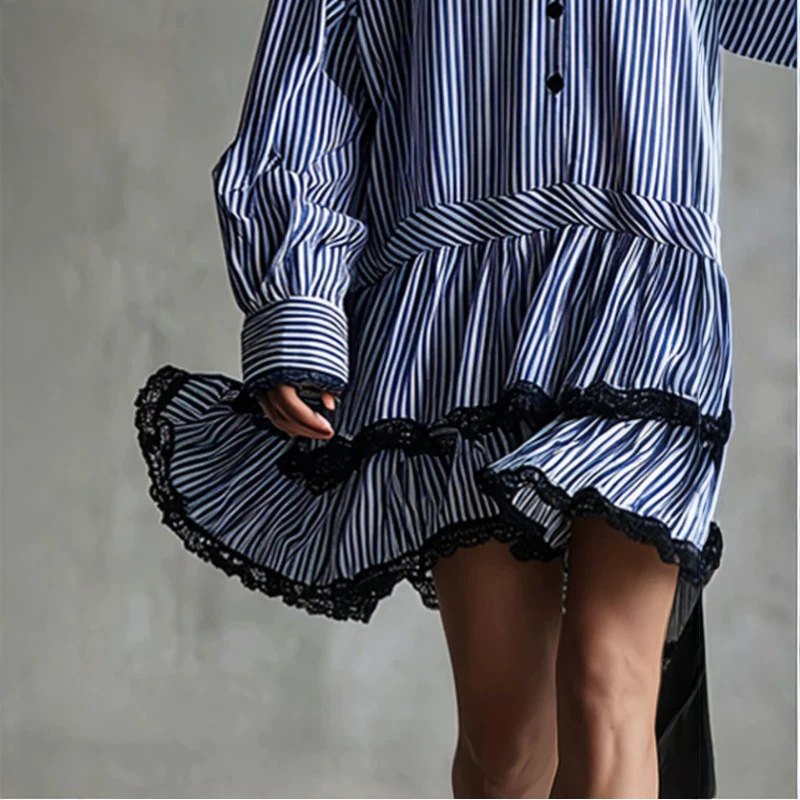 Retro Lace-Trim Blue Striped Long-Sleeve Mini Dress
