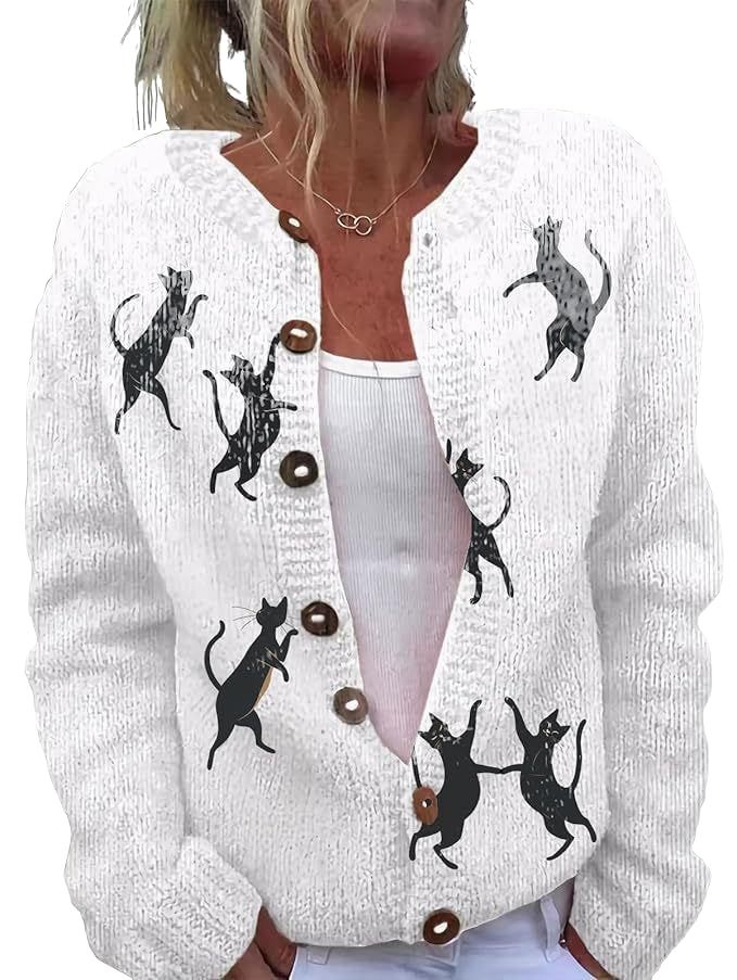 Women's Animal Pumpkin Maple Leaf Print Button Cardigan
