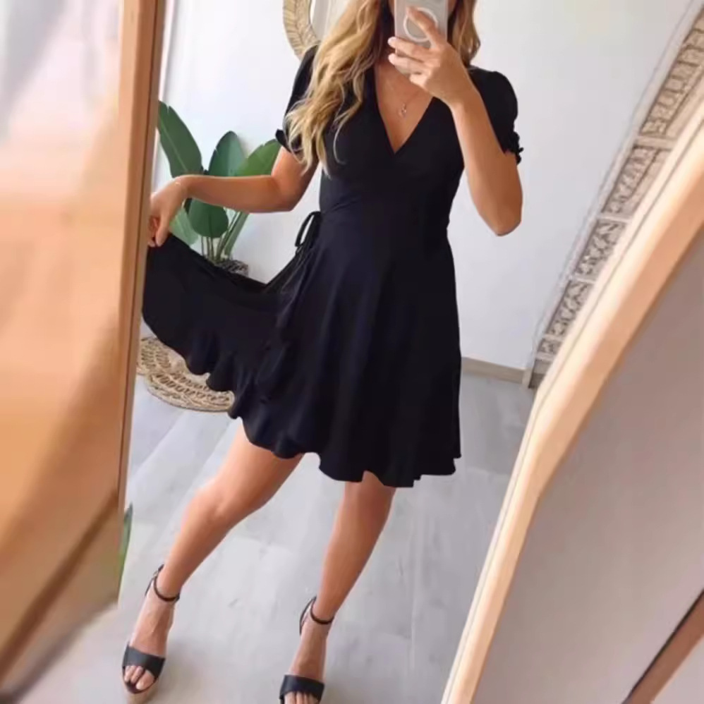 Women's Solid V-Neck Ruffle Short Sleeve Midi Dress