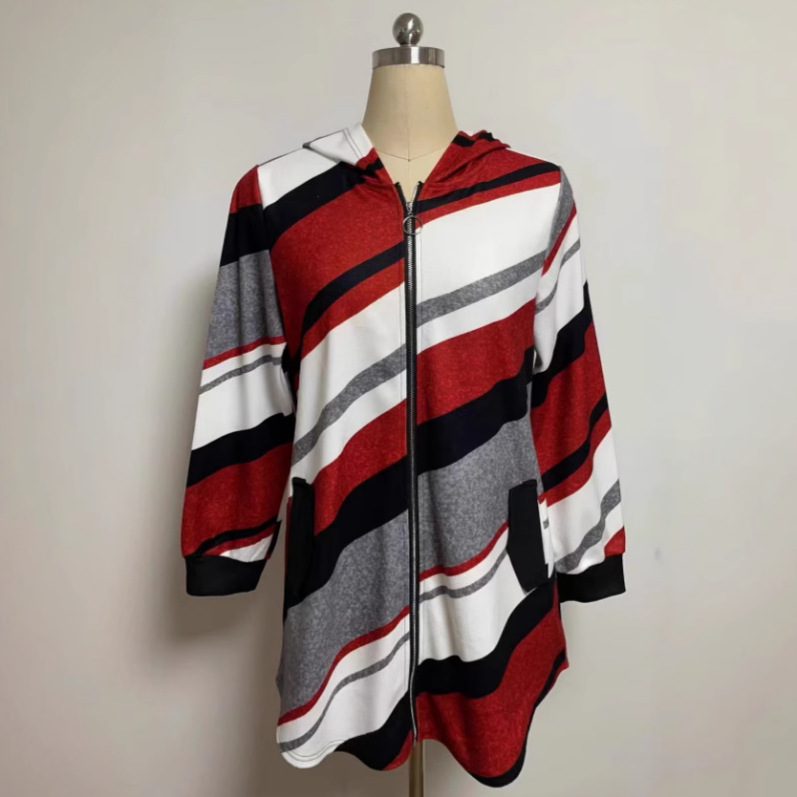 Women's Loose Striped Hooded Zip-Up Long Sleeve Jacket