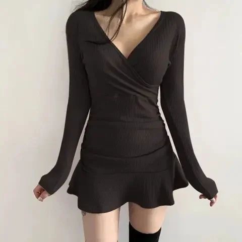 Women's Pleated Ruffle A-Line Mini Dress V-Neck Short Sleeve Black