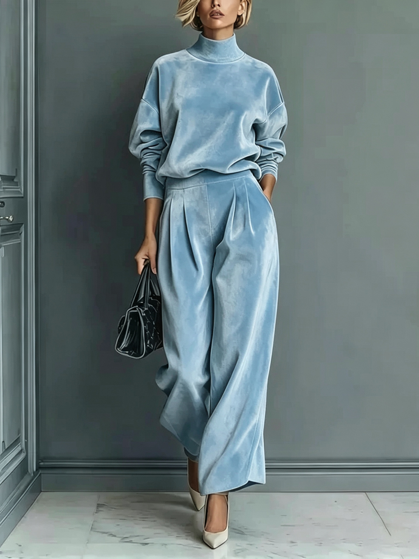 Women's Velvet Two-Piece Lounge Set – Long Sleeve Turtleneck & Wide-Leg Pants