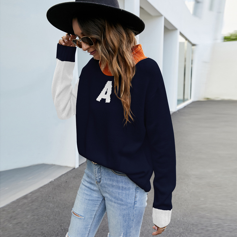Letter Jacquard Mock Neck Pullover Sweater