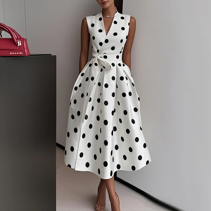 French Polka Dot Dress V-Neck High Waist Tie Midi
