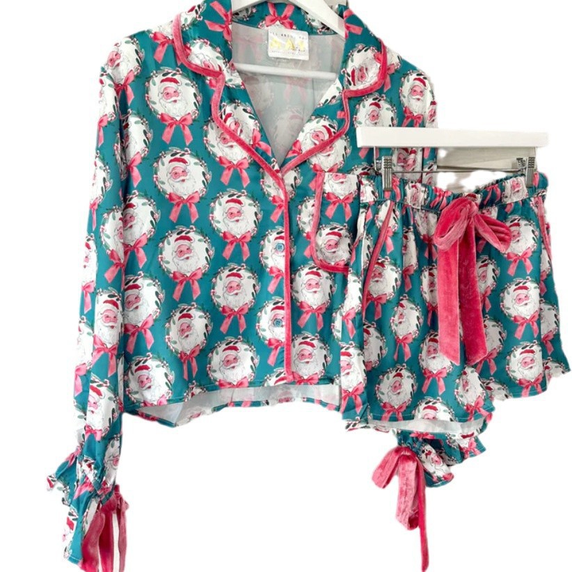 Christmas Santa Velvet Bow Pajama Set for Women
