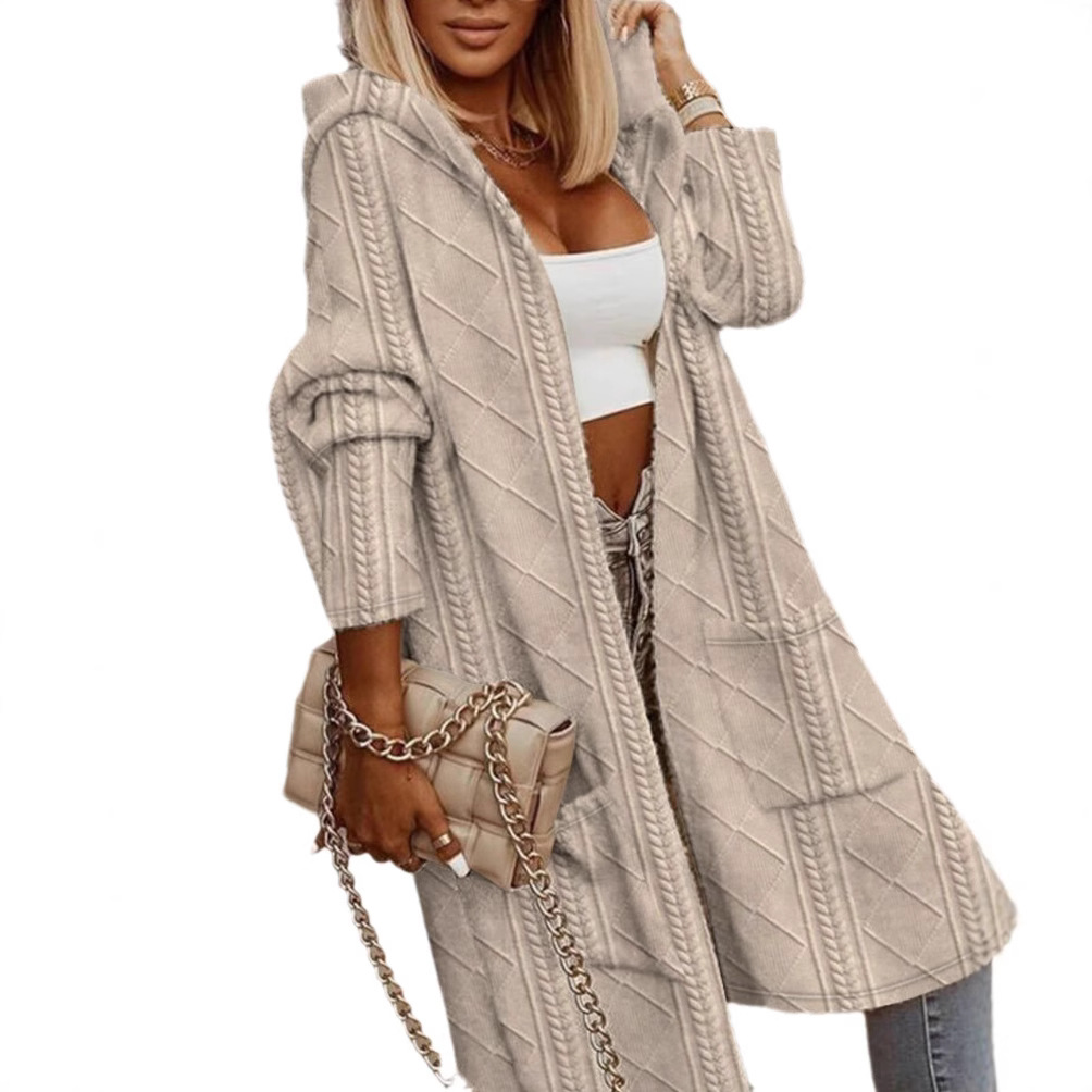 Women's Loose Knit Hooded Cardigan with Lapel Collar