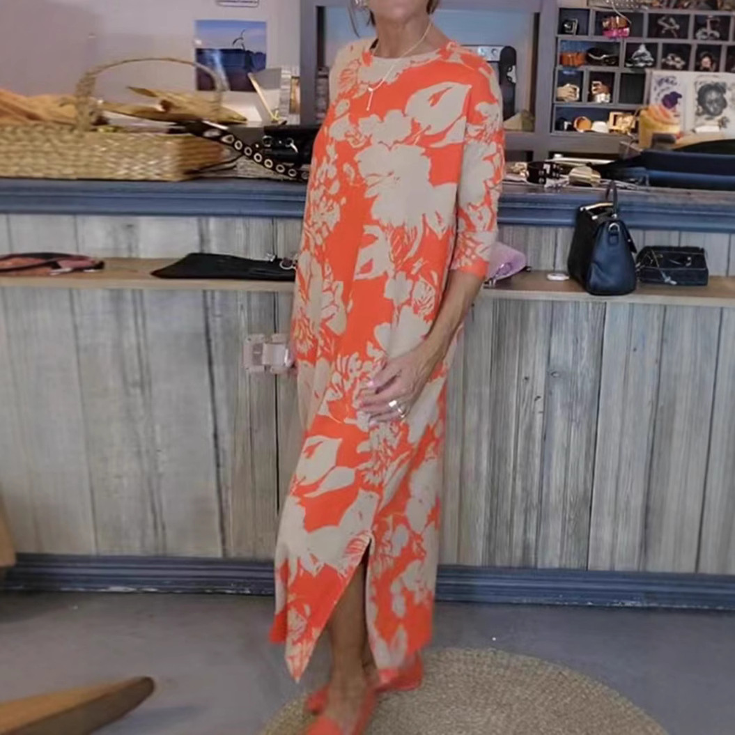 Printed Round Neck Long Sleeve Maxi Dress