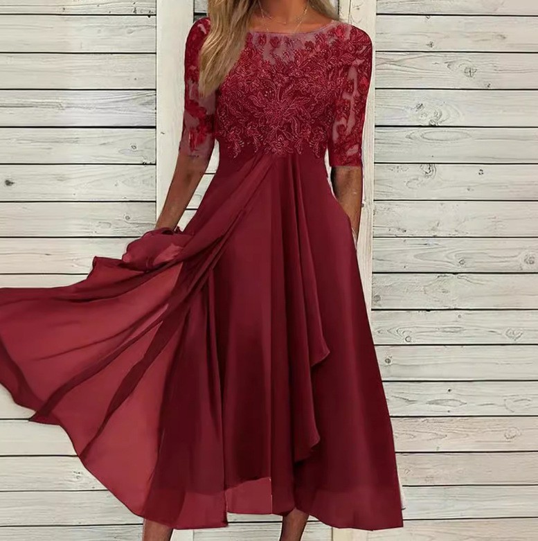 Chiffon Lace Hollow-Out Long Dress Round Neck Short Sleeve High Waist Bridesmaid Evening Gown