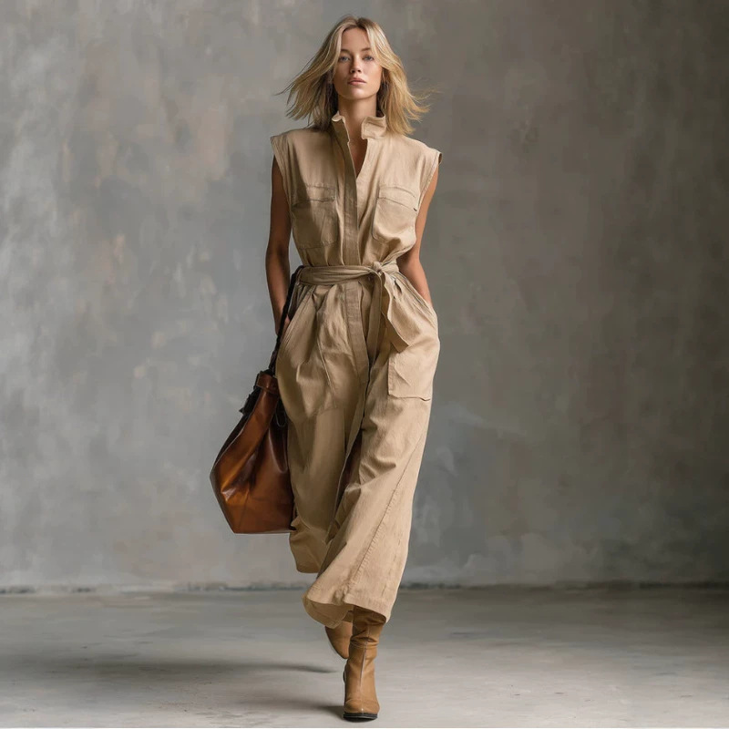 Elegant Khaki Stand Collar Sleeveless Maxi Dress