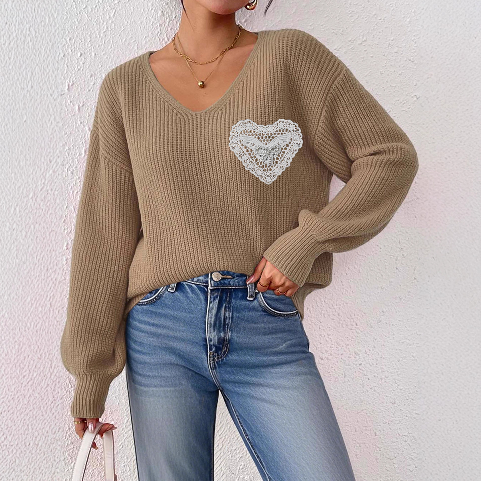 V-Neck Lace Rhinestone Bow Pocket Pullover Sweater