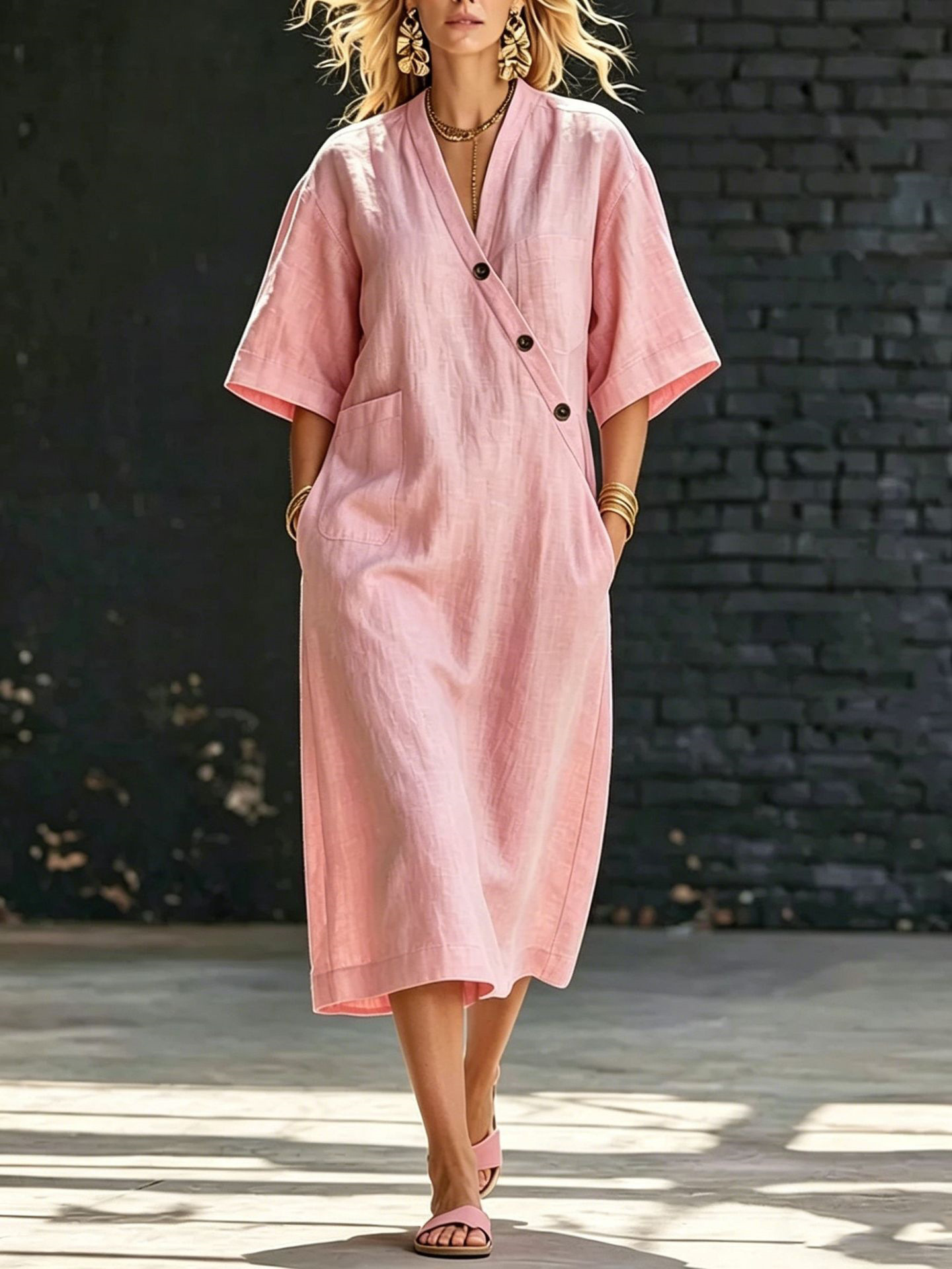 V-Neck Button-Front Cotton-Linen Midi Dress with Pockets Short Sleeve