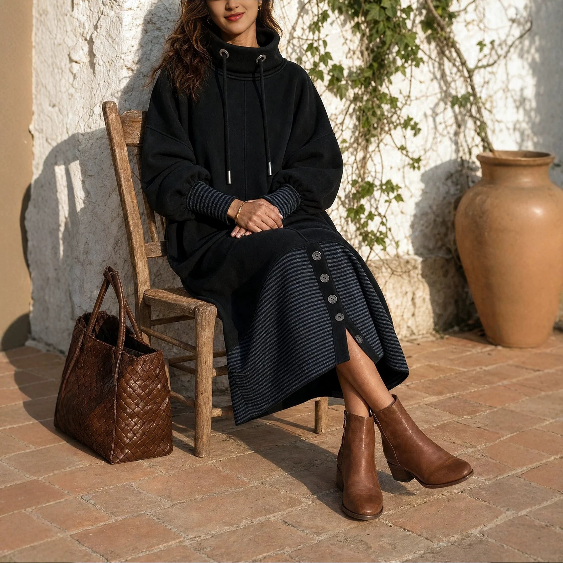 High Neck Drawstring Striped Sweatshirt Maxi Dress Puff Sleeve Button Slit