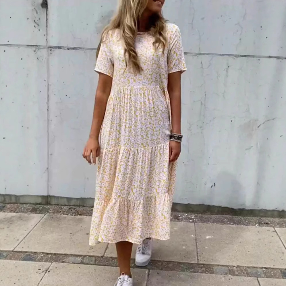 Floral Print Round Neck Casual Midi Dress